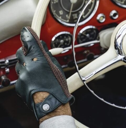 Gran Turismo Leather And Cotton Crochet Driving Gloves British Green Cognac